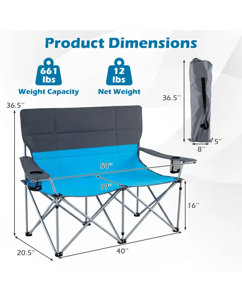 Double Camping Chair with Carry Bag Cup Holders-Blue - Blue - Camping Furniture