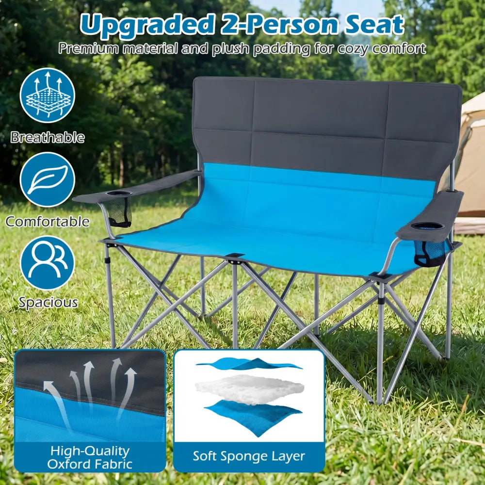 Double Camping Chair with Carry Bag Cup Holders-Blue - Blue - Camping Furniture