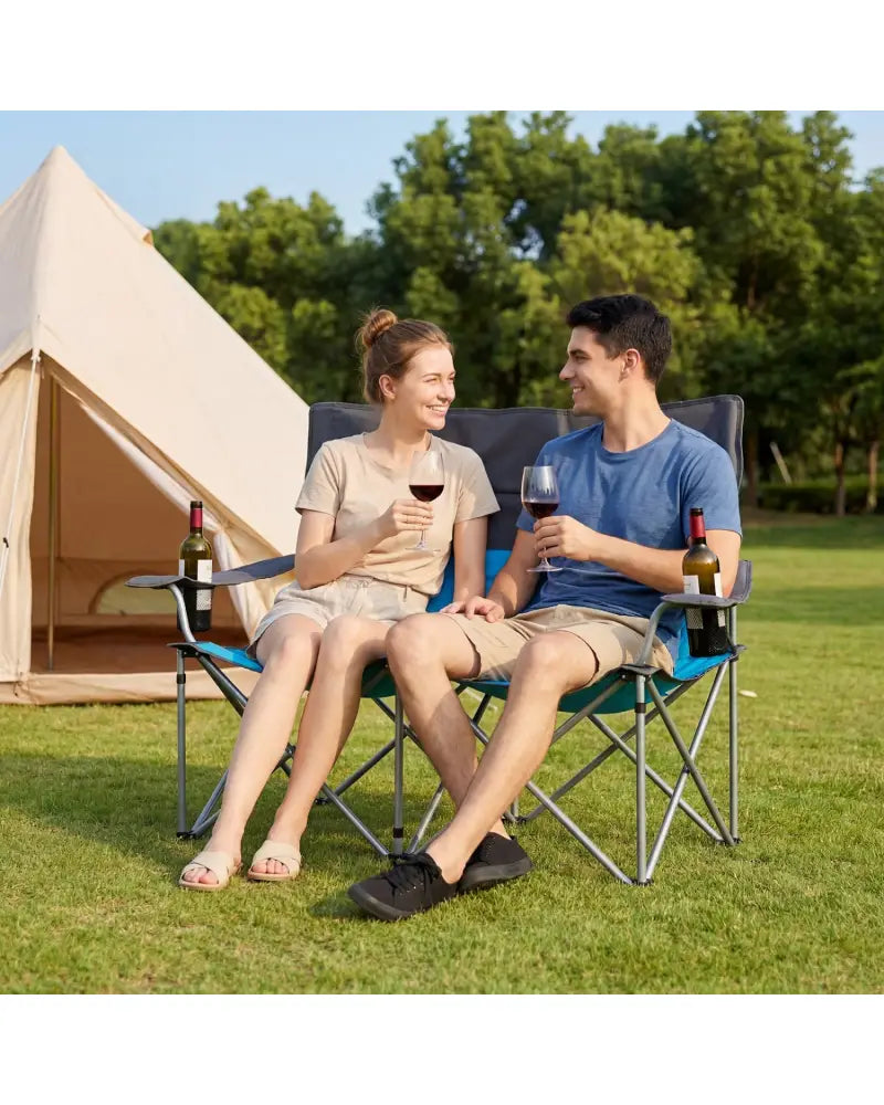 Double Camping Chair with Carry Bag Cup Holders-Blue - Blue - Camping Furniture