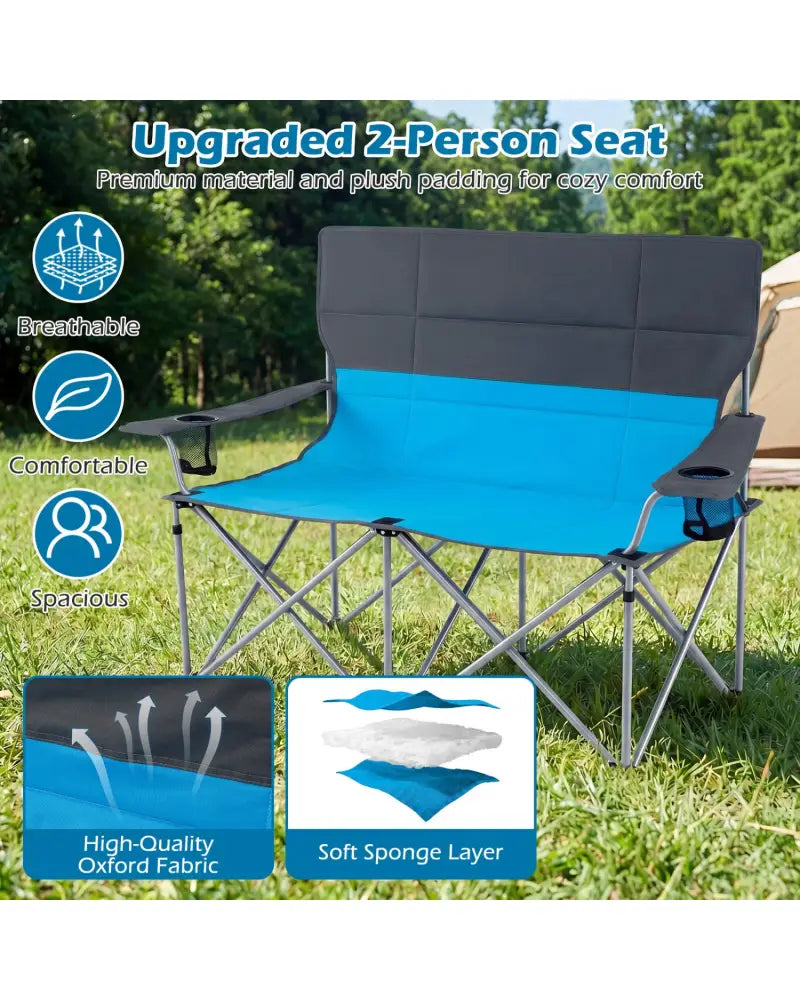 Double Camping Chair with Carry Bag Cup Holders-Blue - Blue - Camping Furniture