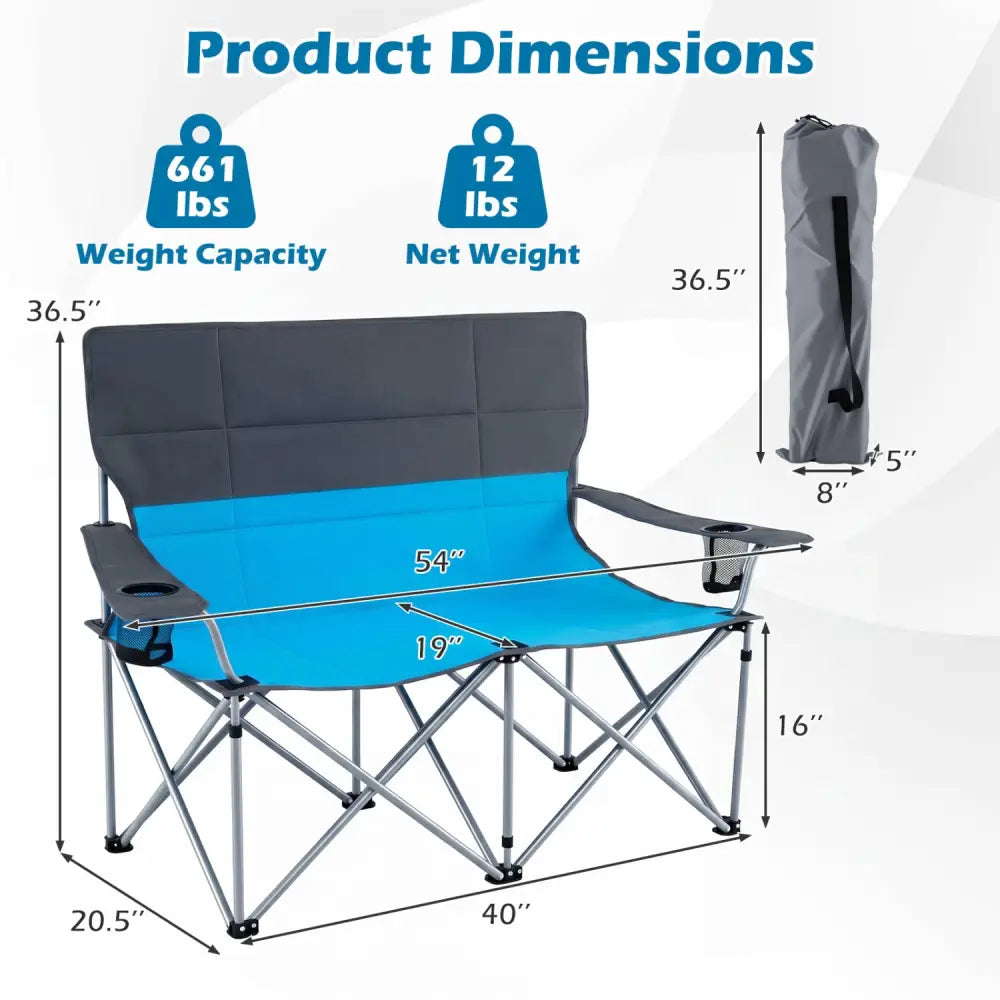 Double Camping Chair with Carry Bag Cup Holders-Blue - Blue - Camping Furniture