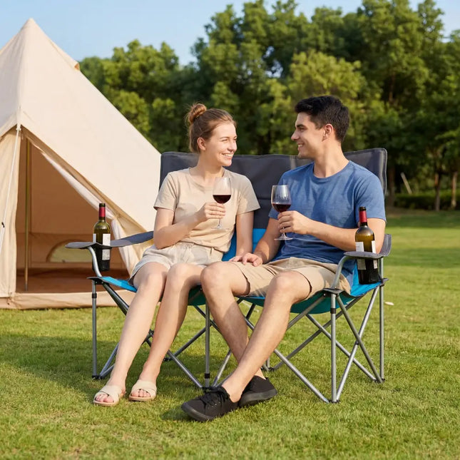 Double Camping Chair with Carry Bag Cup Holders-Blue - Blue - Camping Furniture