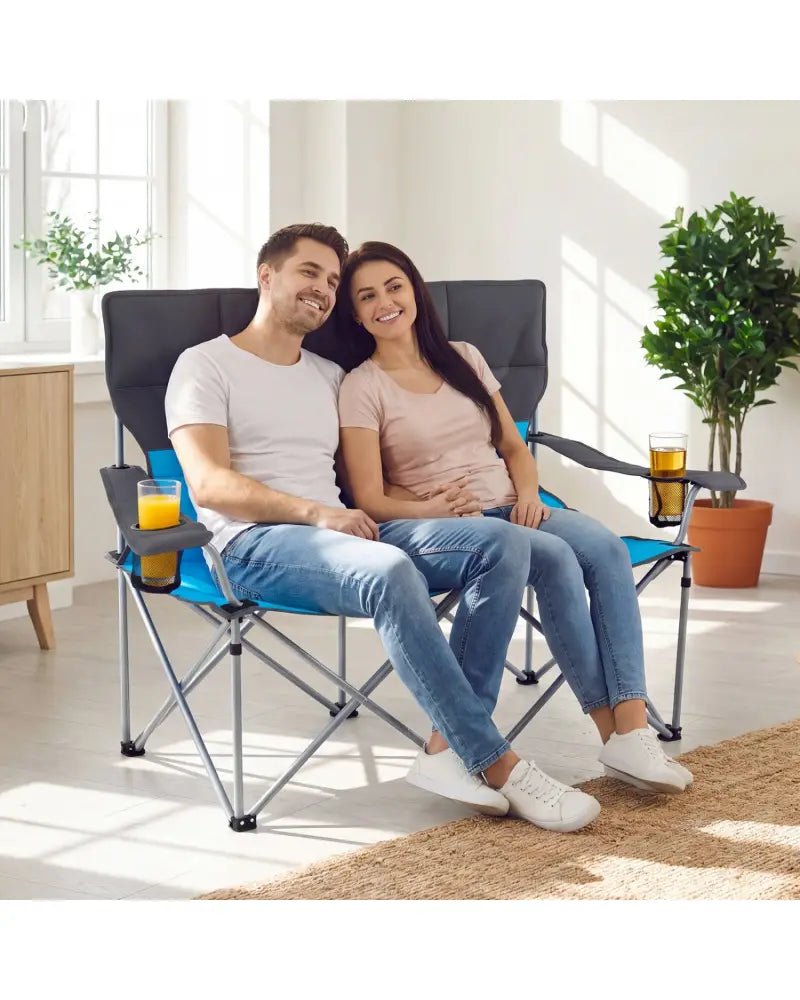 Double Camping Chair with Carry Bag Cup Holders-Blue - Blue - Camping Furniture