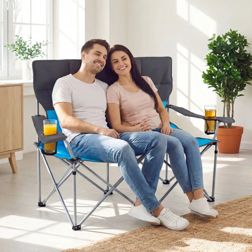 Double Camping Chair with Carry Bag Cup Holders-Blue - Blue - Camping Furniture