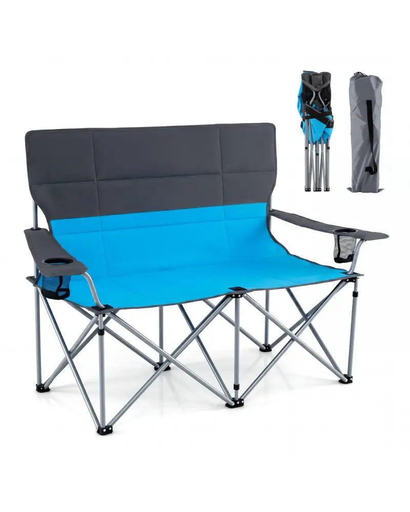 Double Camping Chair with Carry Bag Cup Holders-Blue - Blue - Camping Furniture