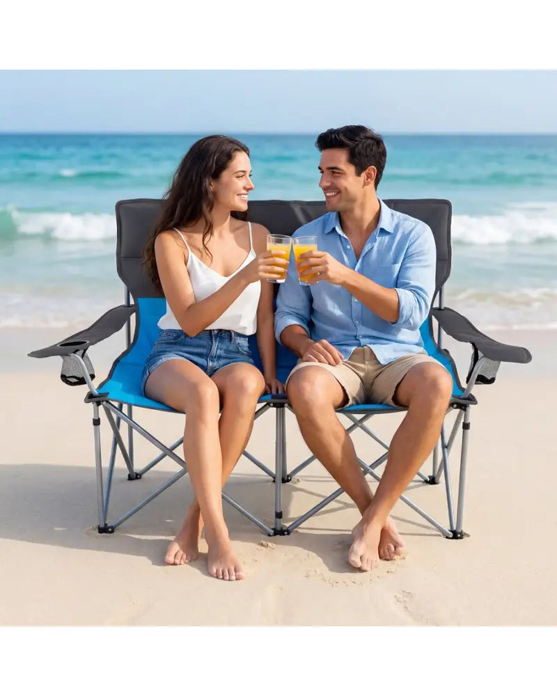 Double Camping Chair with Carry Bag Cup Holders-Blue - Blue - Camping Furniture