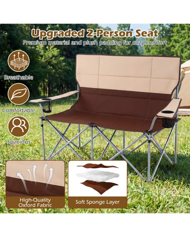 Double Camping Chair with Carry Bag Cup Holders-Brown - Brown - Camping Furniture