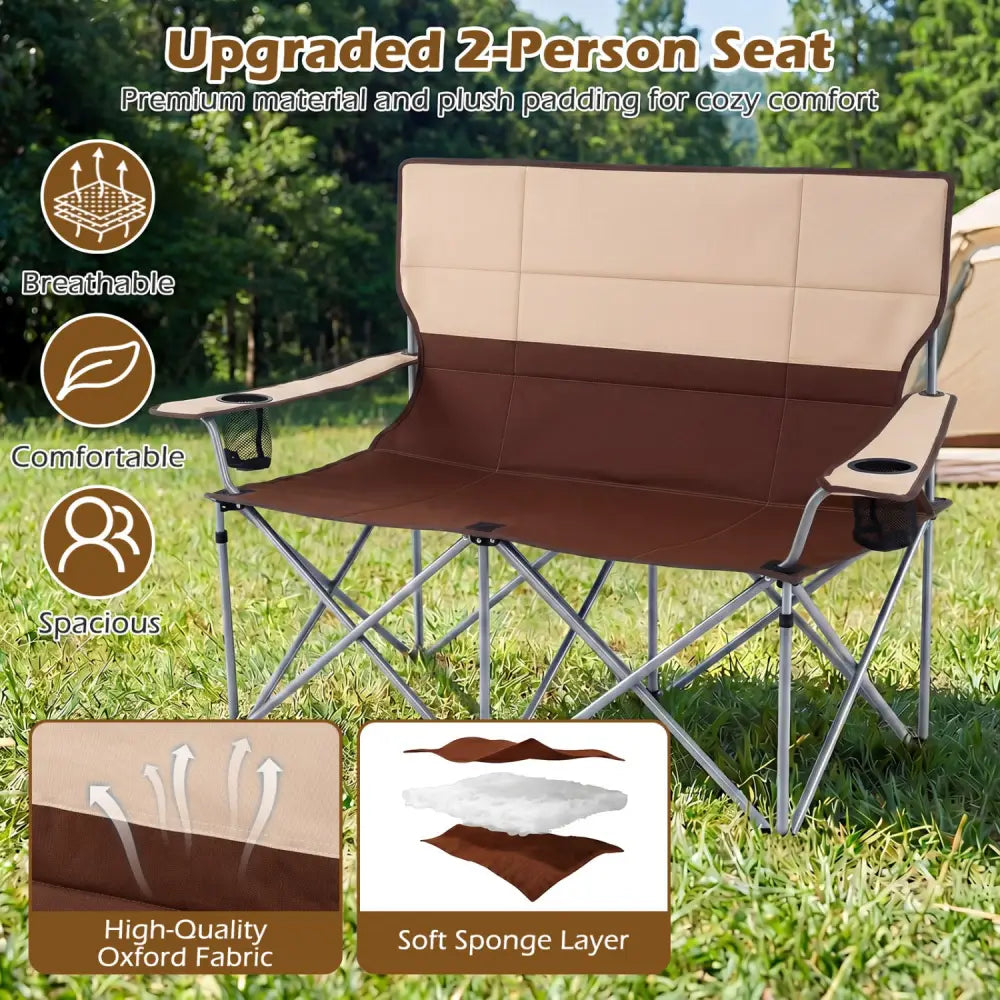 Double Camping Chair with Carry Bag Cup Holders-Brown - Brown - Camping Furniture