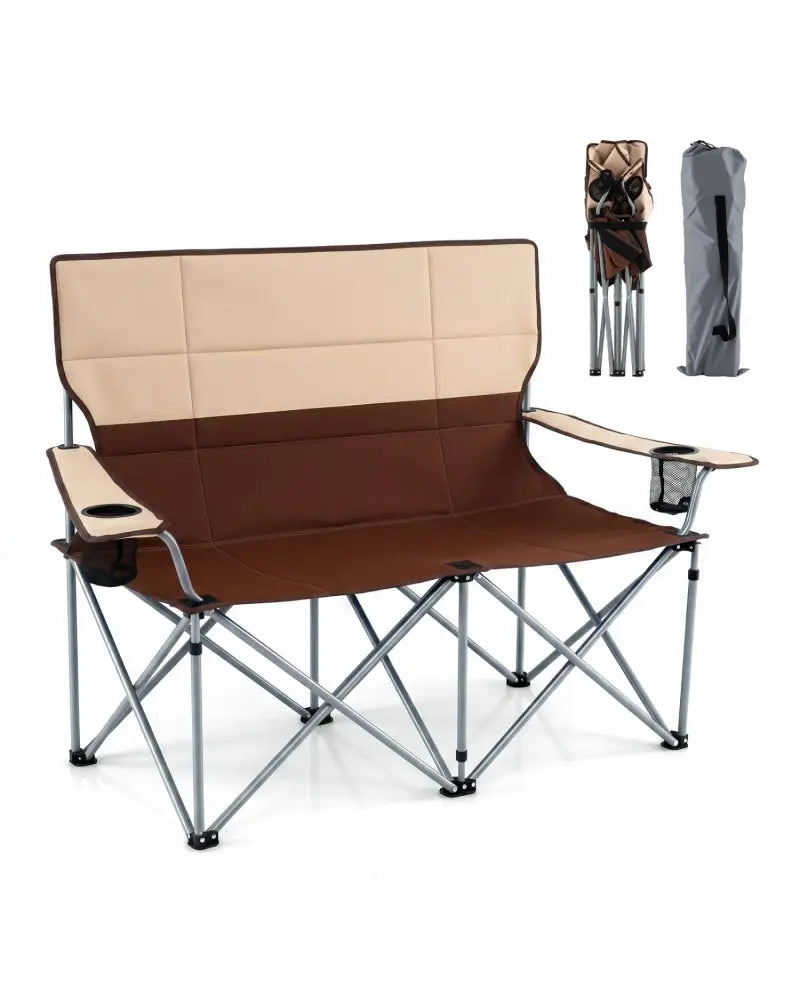 Double Camping Chair with Carry Bag Cup Holders-Brown - Brown - Camping Furniture
