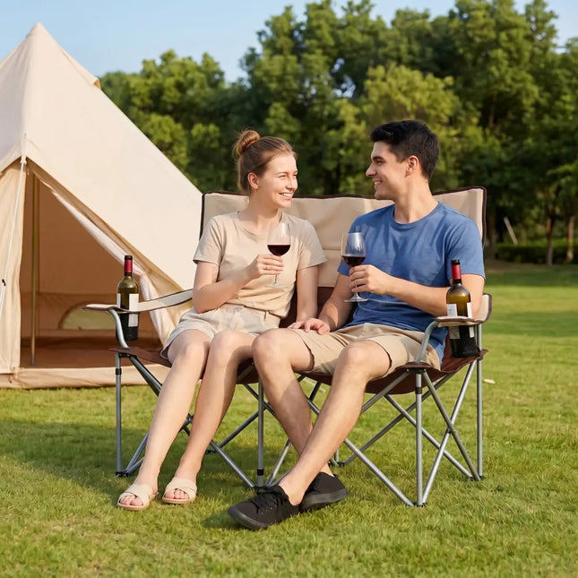 Double Camping Chair with Carry Bag Cup Holders-Brown - Brown - Camping Furniture