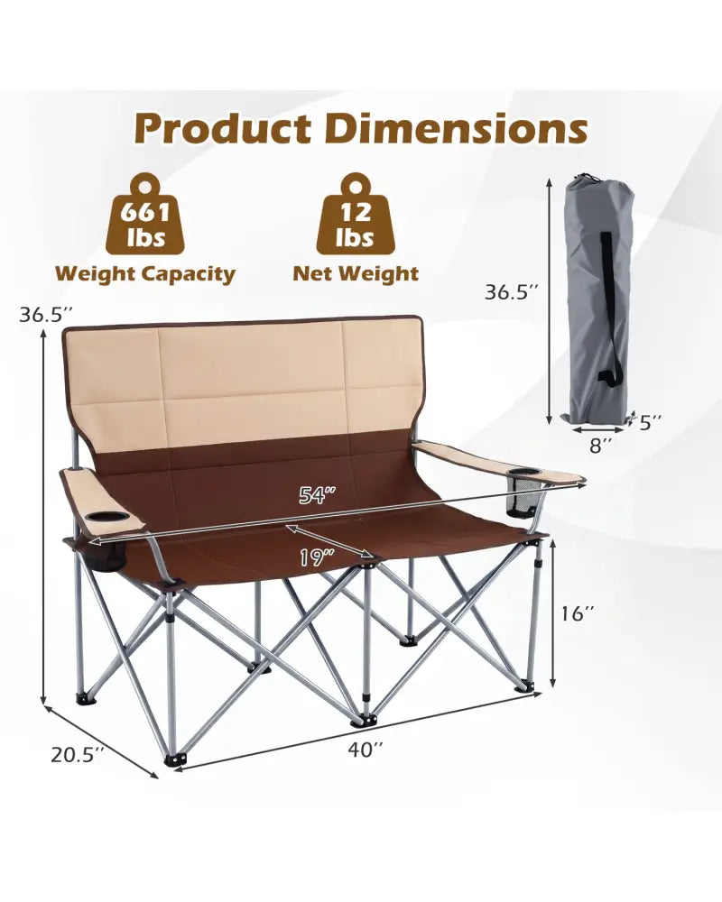 Double Camping Chair with Carry Bag Cup Holders-Brown - Brown - Camping Furniture
