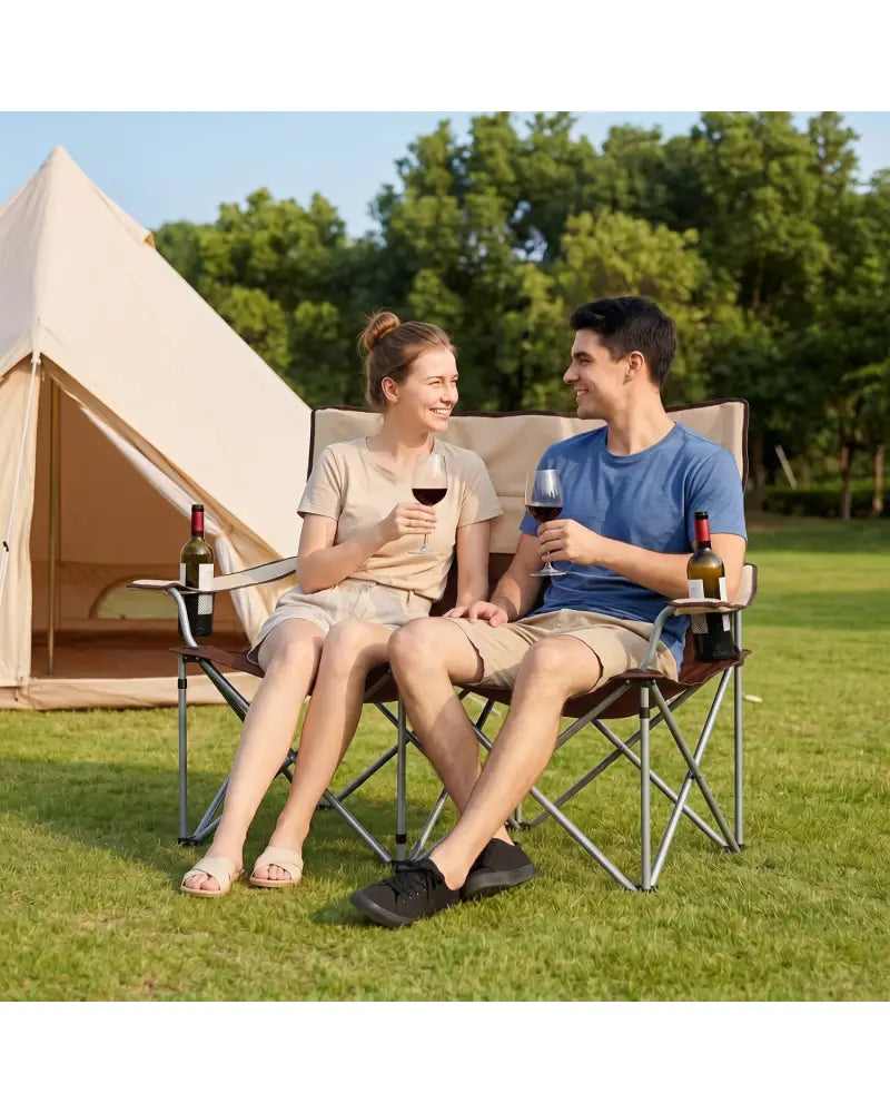 Double Camping Chair with Carry Bag Cup Holders-Brown - Brown - Camping Furniture