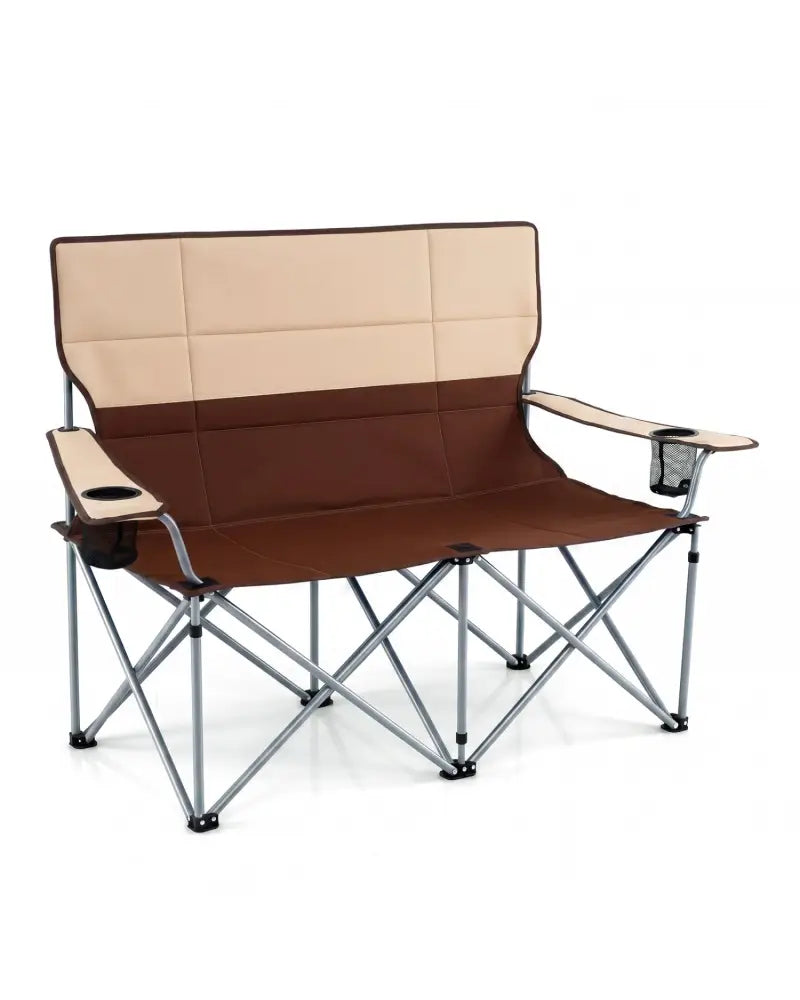Double Camping Chair with Carry Bag Cup Holders-Brown - Brown - Camping Furniture