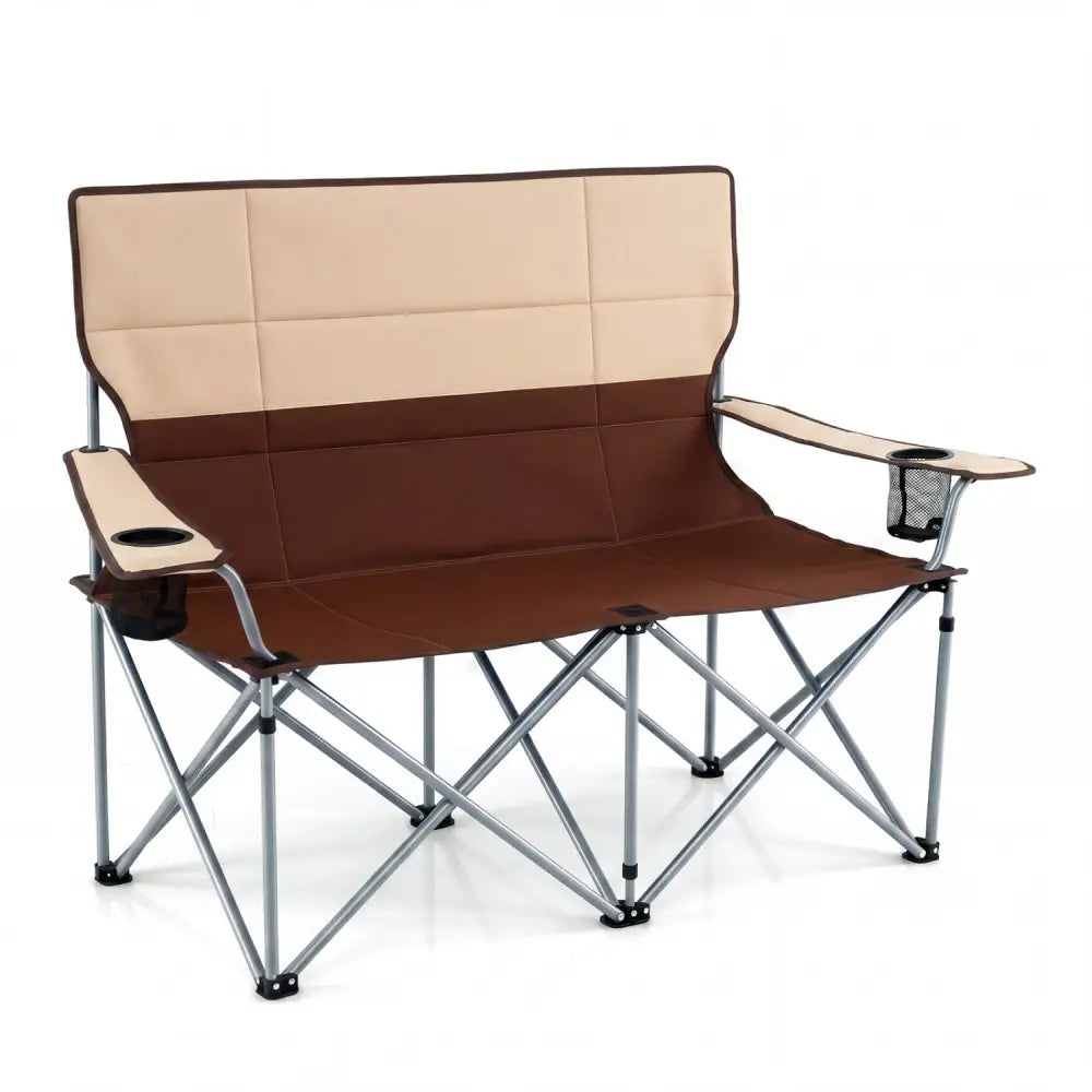 Double Camping Chair with Carry Bag Cup Holders-Brown - Brown - Camping Furniture