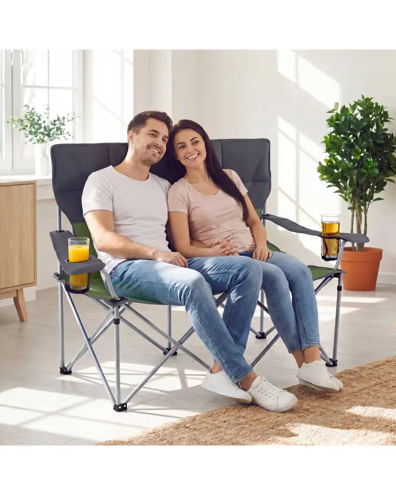 Double Camping Chair with Carry Bag Cup Holders-Green - Green - Camping Furniture