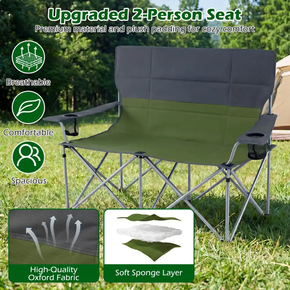 Double Camping Chair with Carry Bag Cup Holders-Green - Green - Camping Furniture