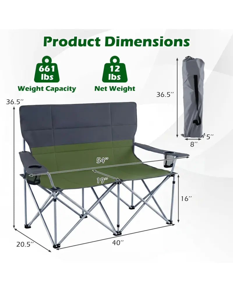 Double Camping Chair with Carry Bag Cup Holders-Green - Green - Camping Furniture