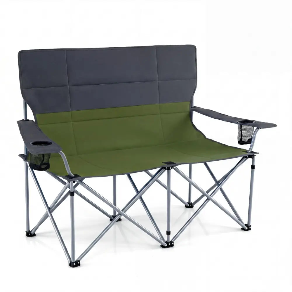 Double Camping Chair with Carry Bag Cup Holders-Green - Green - Camping Furniture