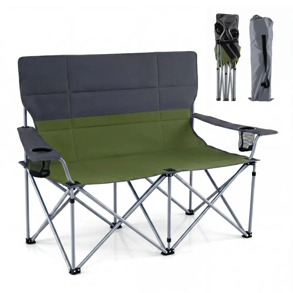 Double Camping Chair with Carry Bag Cup Holders-Green - Green - Camping Furniture