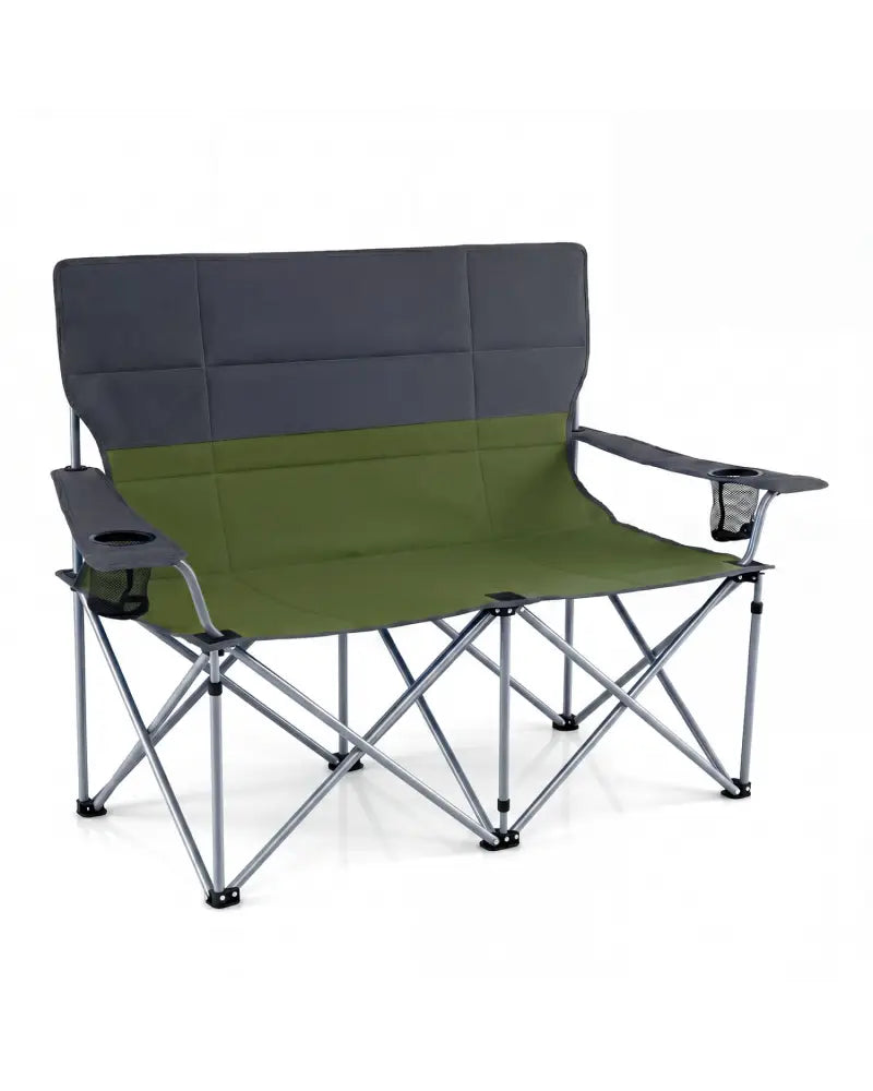 Double Camping Chair with Carry Bag Cup Holders-Green - Green - Camping Furniture