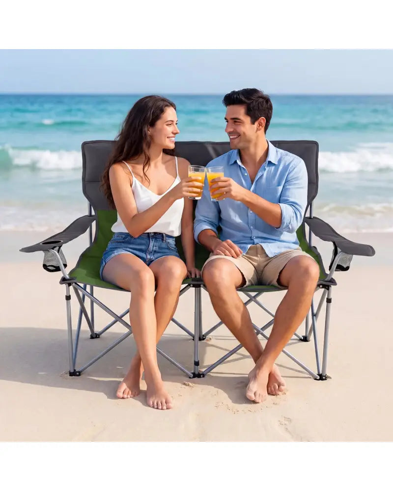Double Camping Chair with Carry Bag Cup Holders-Green - Green - Camping Furniture