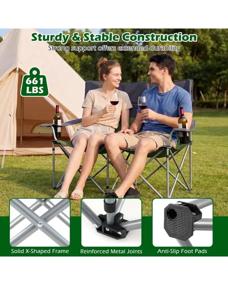 Double Camping Chair with Carry Bag Cup Holders-Green - Green - Camping Furniture