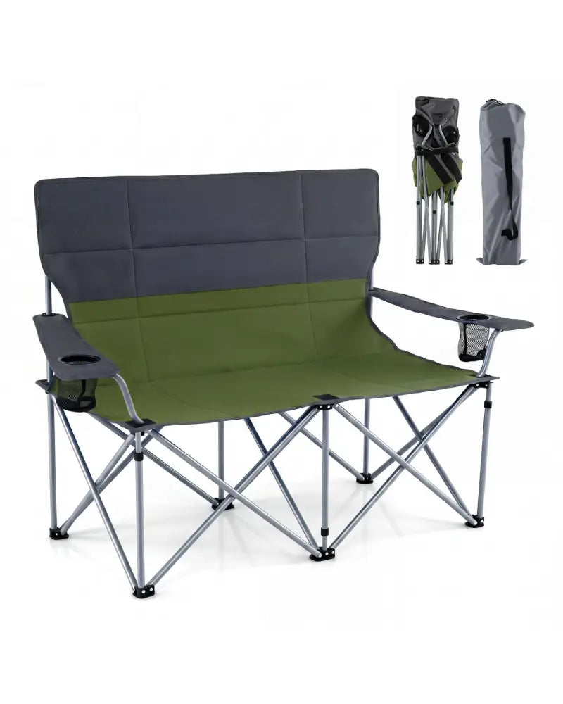 Double Camping Chair with Carry Bag Cup Holders-Green - Green - Camping Furniture