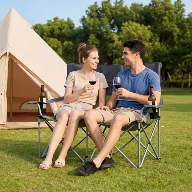 Double Camping Chair with Carry Bag Cup Holders-Green - Green - Camping Furniture