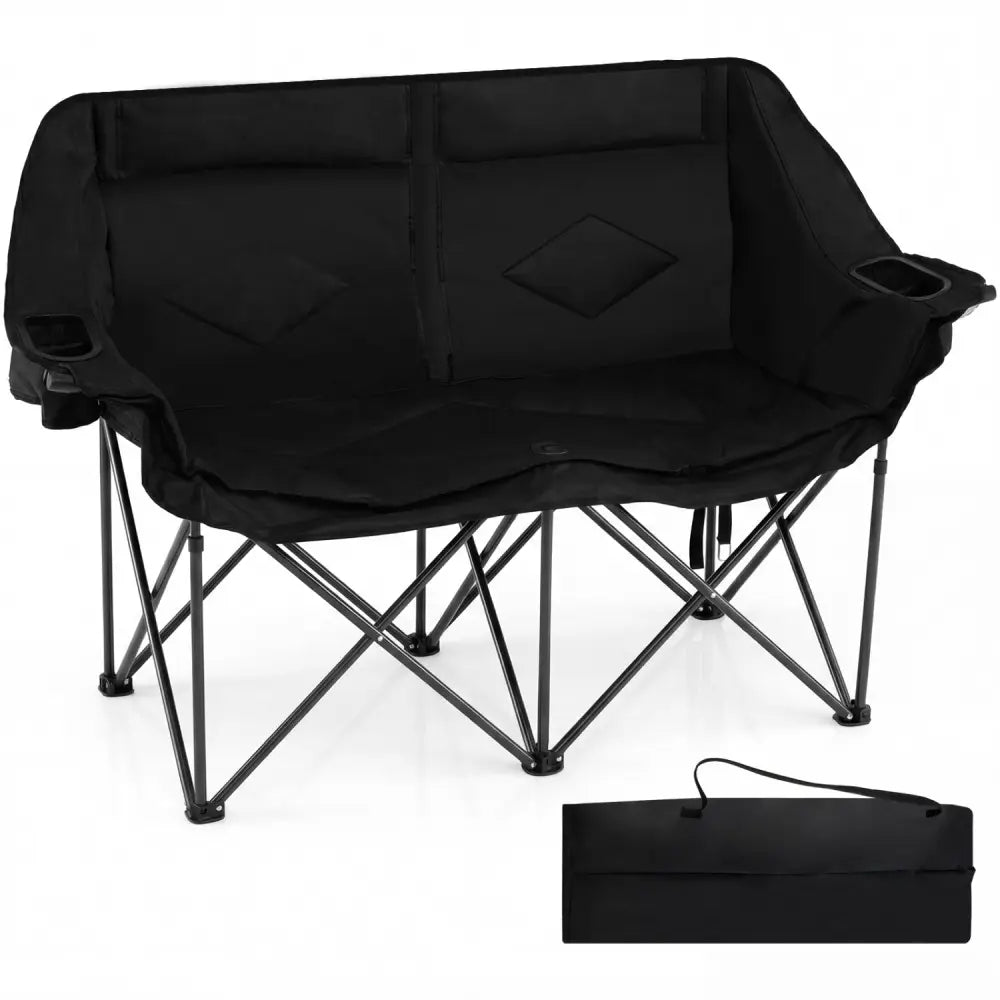 Double Camping Chair with Cup Holders Glass Racks and Mesh Pockets-Black - Black - Camping Furniture