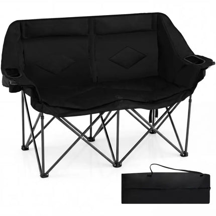 Double Camping Chair with Cup Holders Glass Racks and Mesh Pockets-Black - Black - Camping Furniture