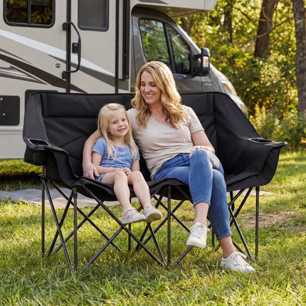 Double Camping Chair with Cup Holders Glass Racks and Mesh Pockets-Black - Black - Camping Furniture