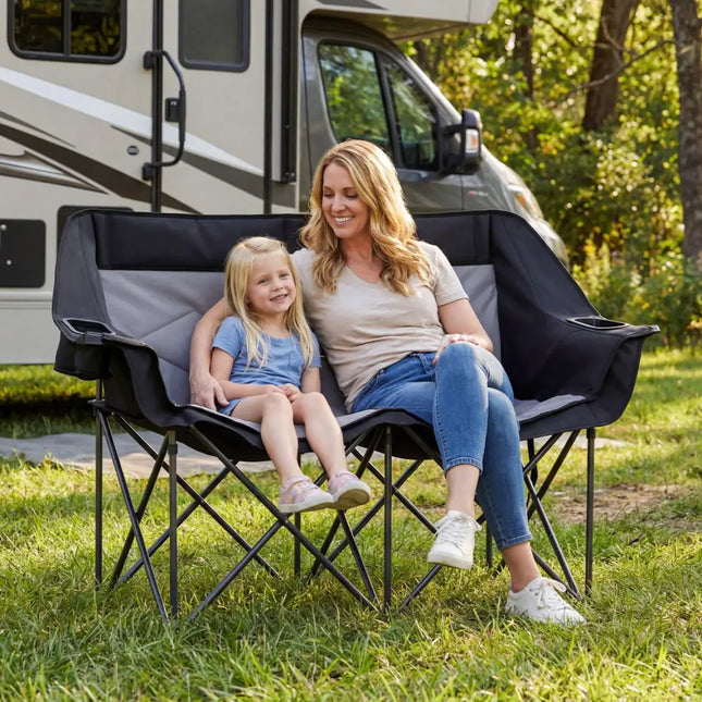 Double Camping Chair with Cup Holders Glass Racks and Mesh Pockets-DarkGray - Dark Gray - Camping Furniture