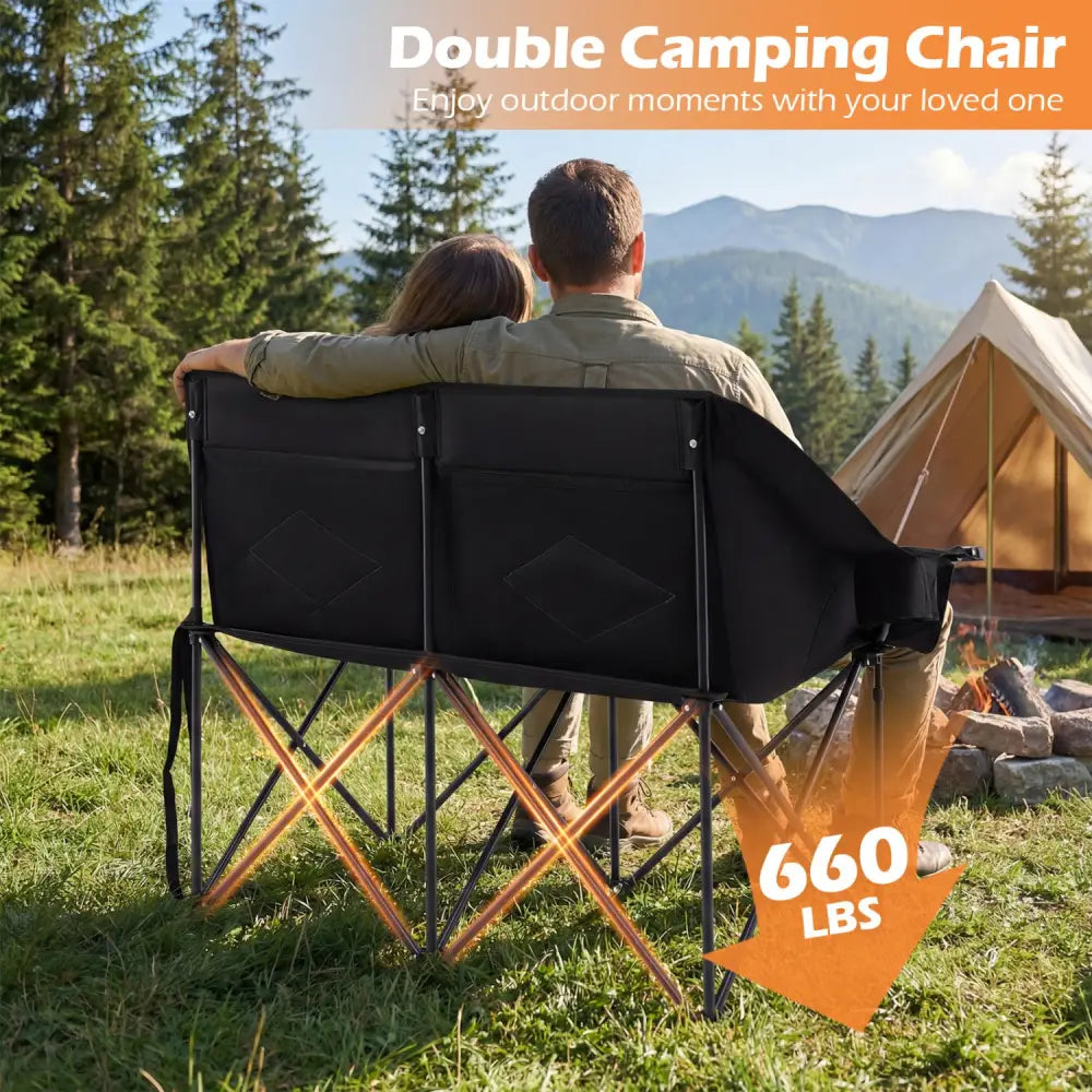 Double Camping Chair with Cup Holders Glass Racks and Mesh Pockets-Black - Black - Camping Furniture