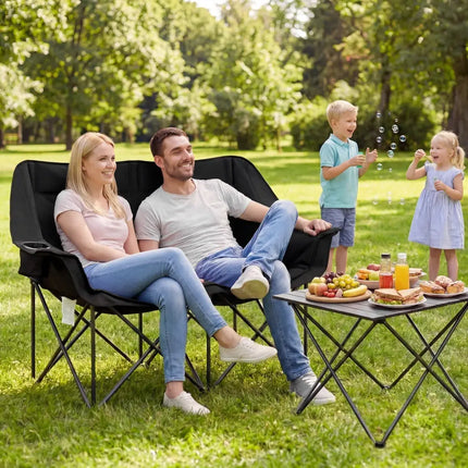 Double Camping Chair with Cup Holders Glass Racks and Mesh Pockets-Black - Black - Camping Furniture