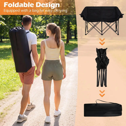 Double Camping Chair with Cup Holders Glass Racks and Mesh Pockets-Black - Black - Camping Furniture
