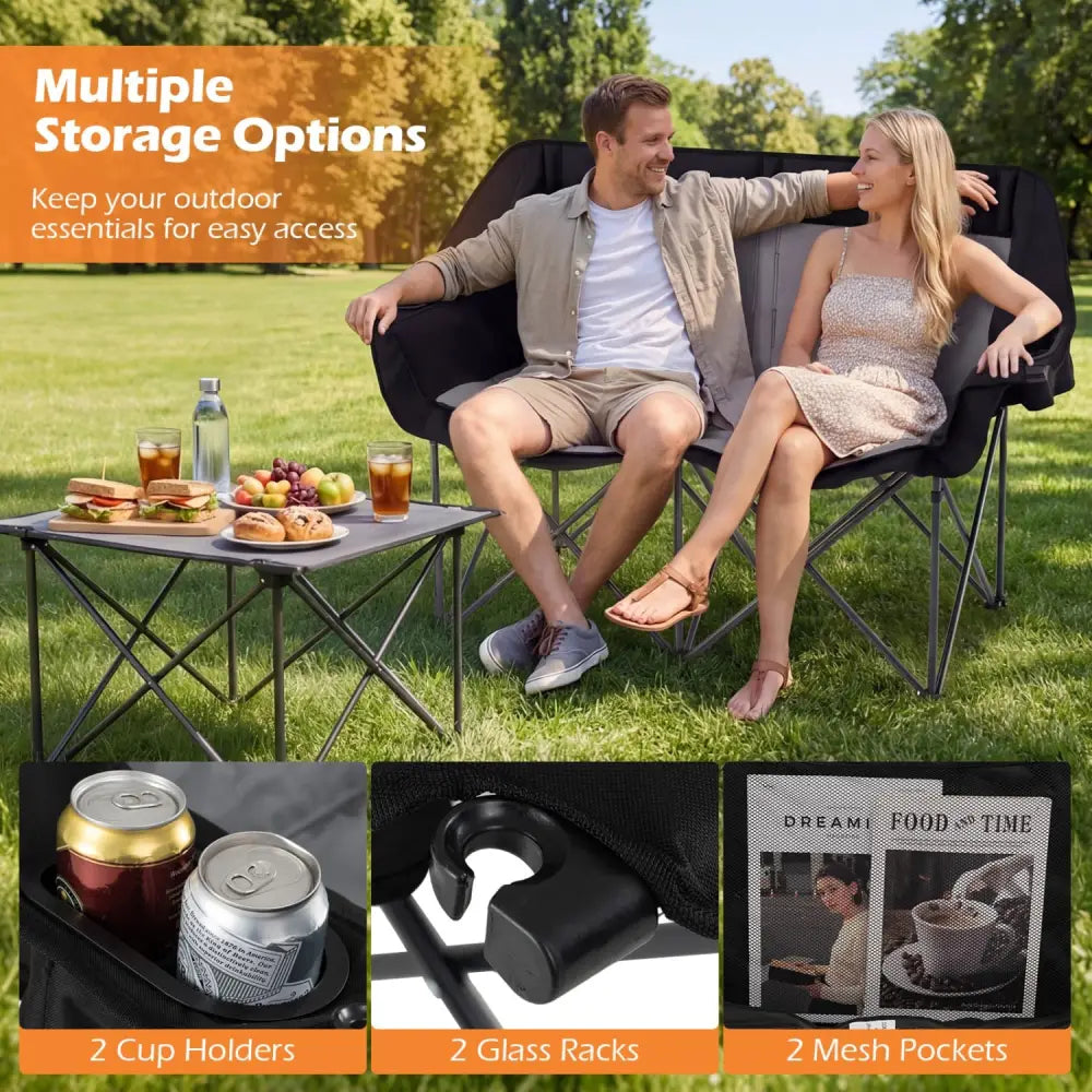 Double Camping Chair with Cup Holders Glass Racks and Mesh Pockets-DarkGray - Dark Gray - Camping Furniture