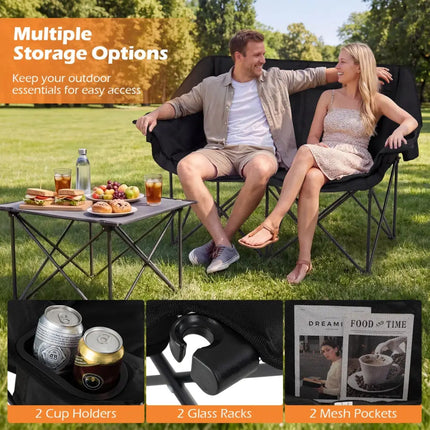 Double Camping Chair with Cup Holders Glass Racks and Mesh Pockets-Black - Black - Camping Furniture