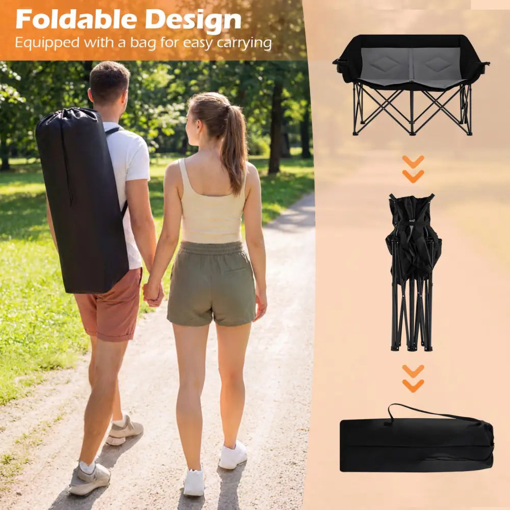 Double Camping Chair with Cup Holders Glass Racks and Mesh Pockets-DarkGray - Dark Gray - Camping Furniture