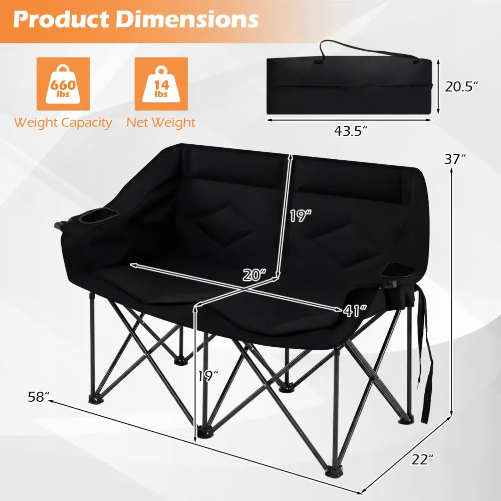 Double Camping Chair with Cup Holders Glass Racks and Mesh Pockets-Black - Black - Camping Furniture