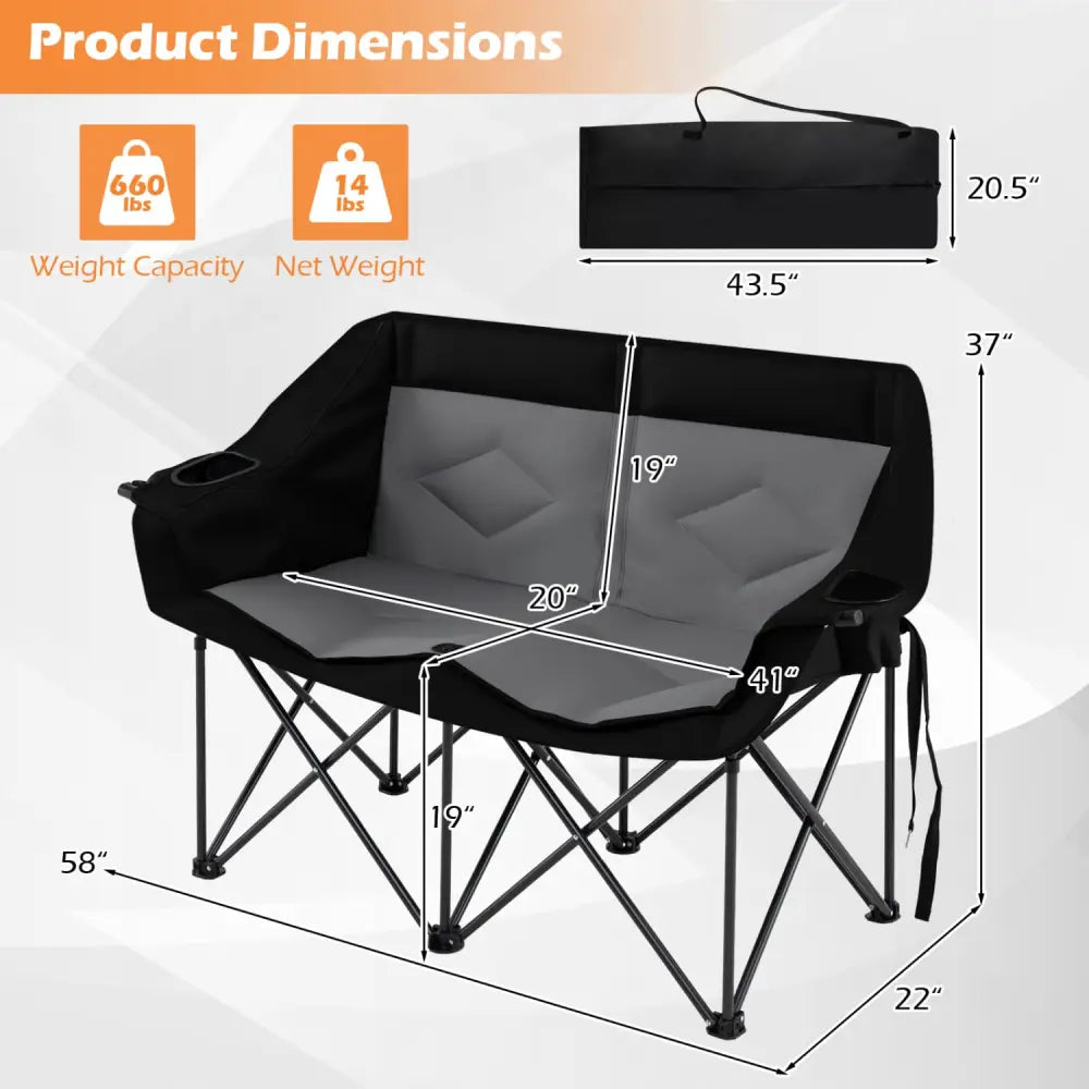 Double Camping Chair with Cup Holders Glass Racks and Mesh Pockets-DarkGray - Dark Gray - Camping Furniture