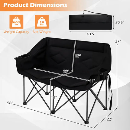 Double Camping Chair with Cup Holders Glass Racks and Mesh Pockets-Black - Black - Camping Furniture