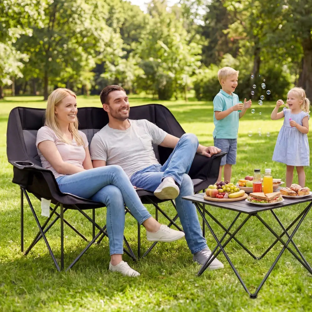 Double Camping Chair with Cup Holders Glass Racks and Mesh Pockets-DarkGray - Dark Gray - Camping Furniture