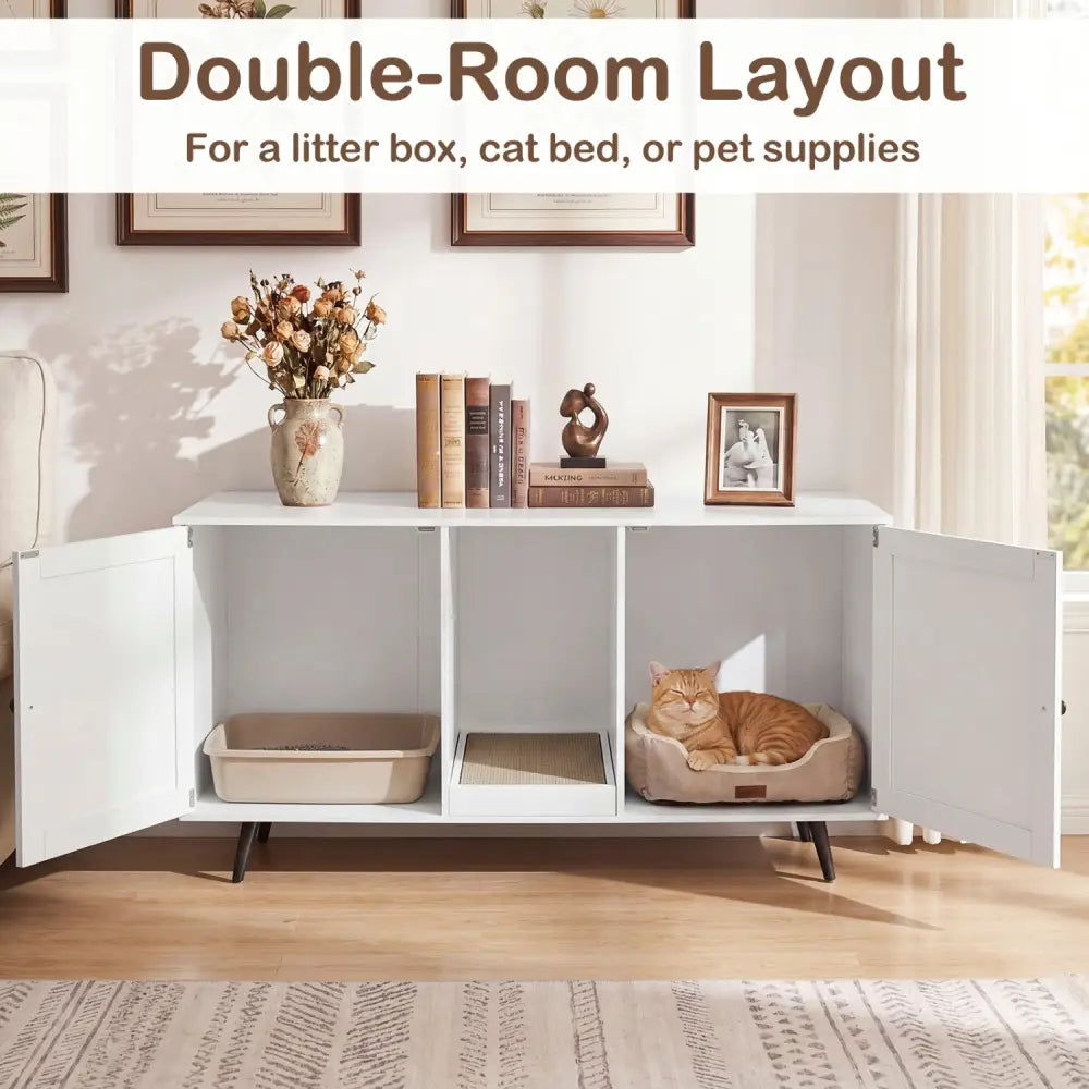 Double Cat Litter Box Enclosure for 2 Cats with Scratching Pad and Double Rooms-White - White - Cat Houses