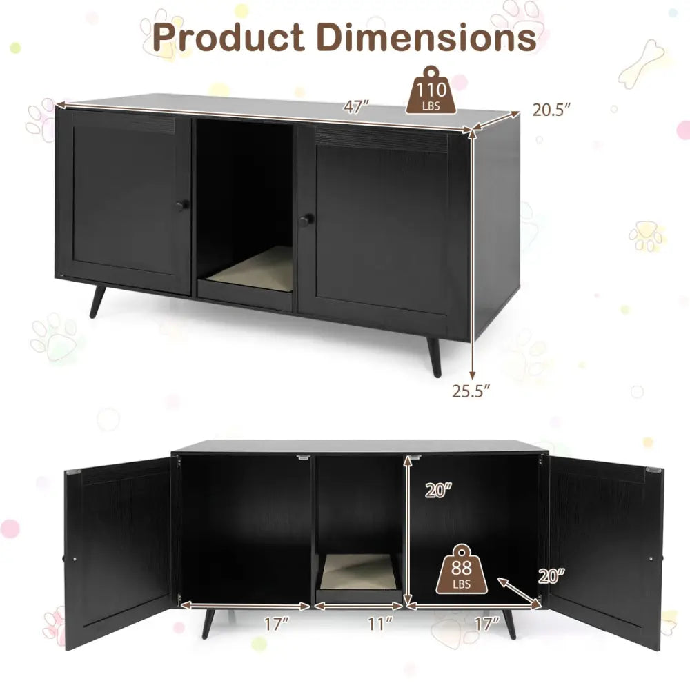 Double Cat Litter Box Enclosure for 2 Cats with Scratching Pad and Double Rooms-Black - Black - Cat Houses