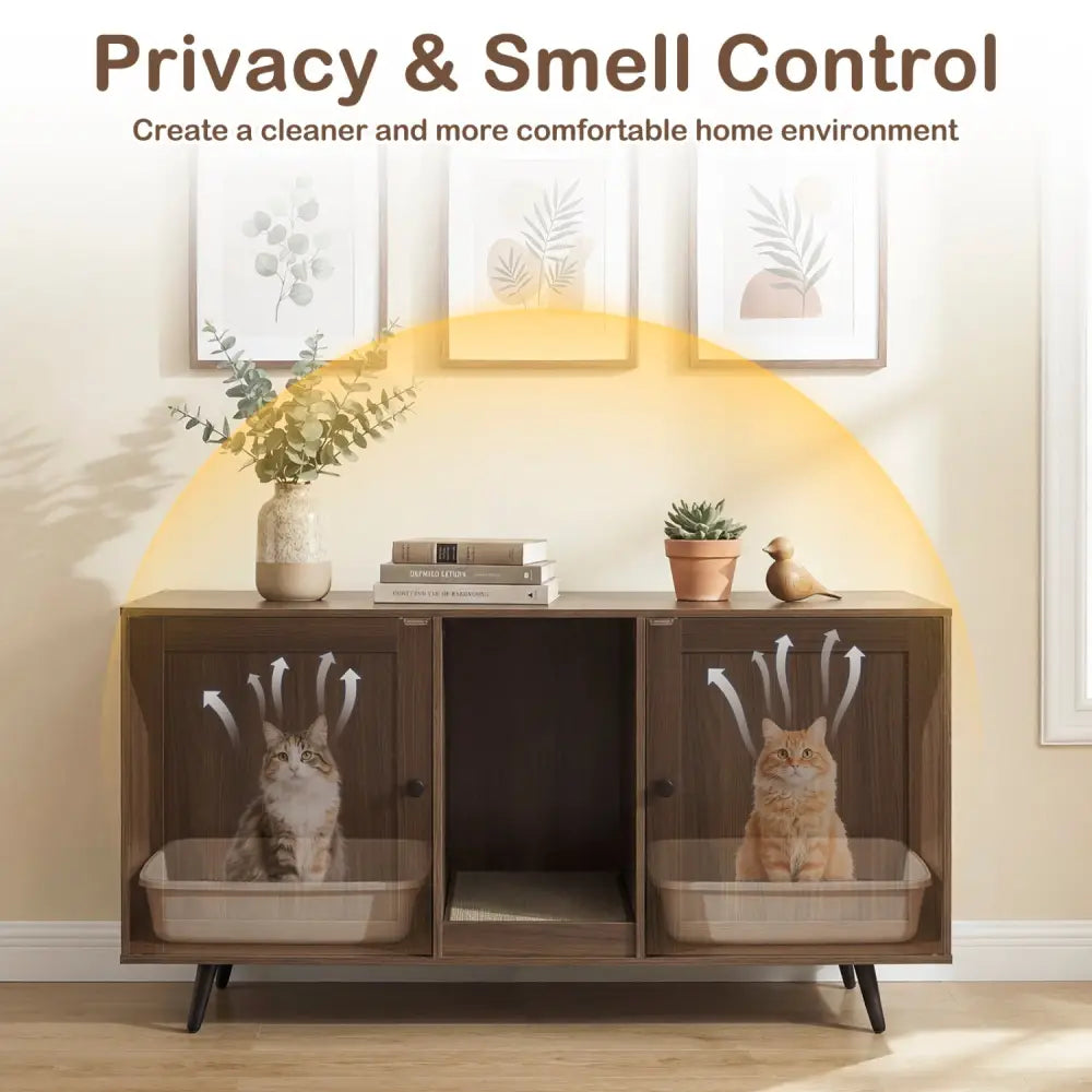 Double Cat Litter Box Enclosure for 2 Cats with Scratching Pad and Double Rooms-Walnut - Walnut - Cat Houses