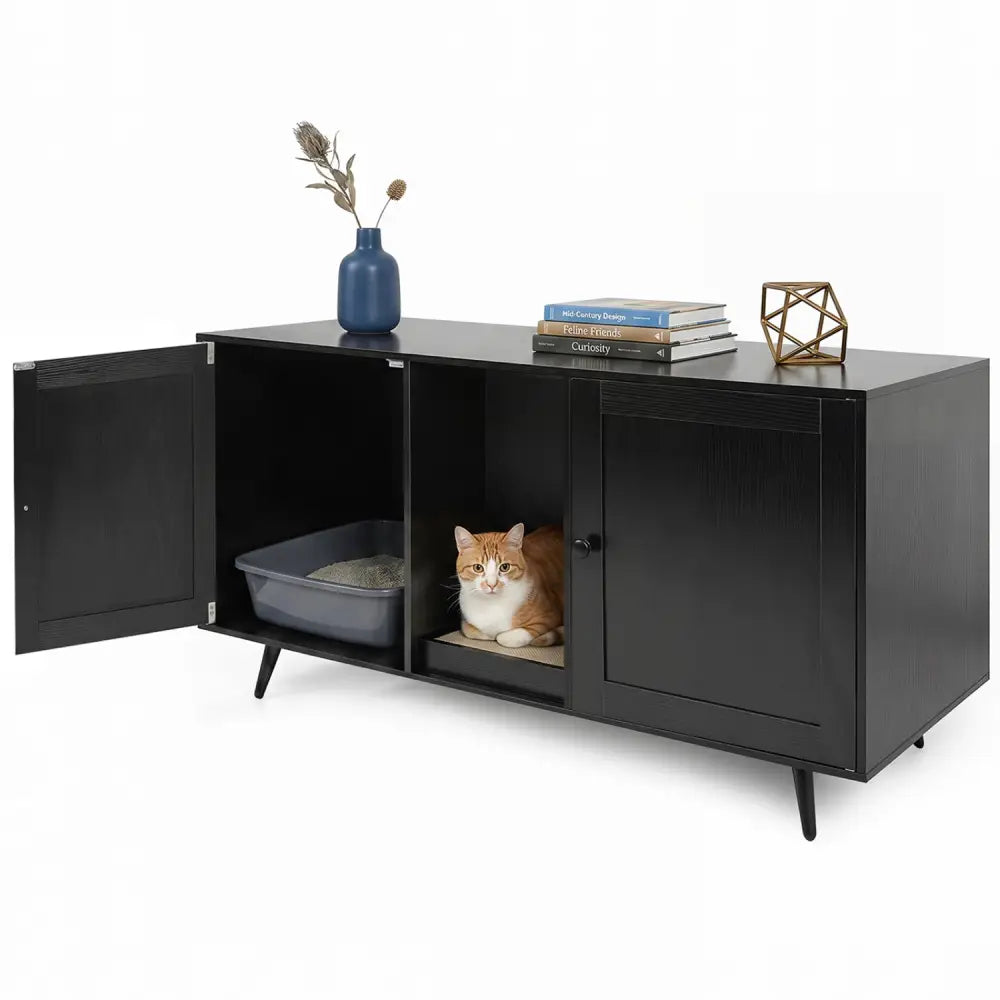 Double Cat Litter Box Enclosure for 2 Cats with Scratching Pad and Double Rooms-Black - Black - Cat Houses