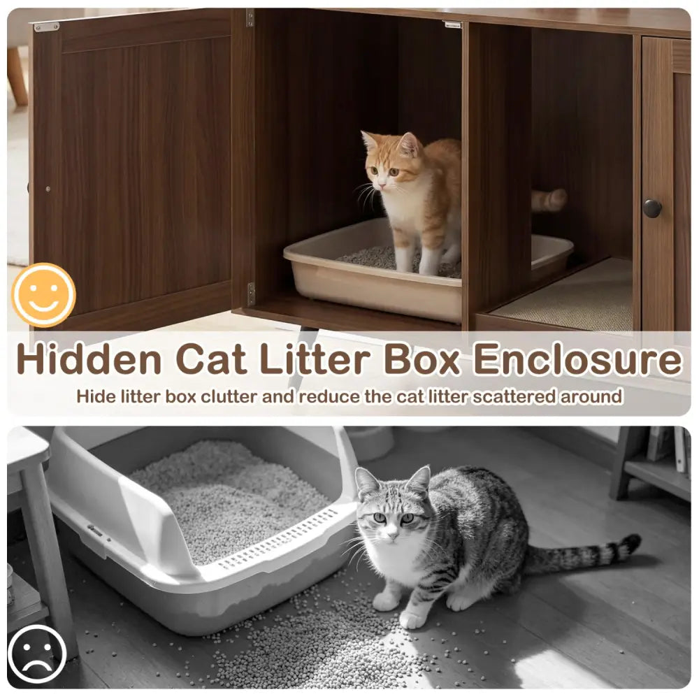 Double Cat Litter Box Enclosure for 2 Cats with Scratching Pad and Double Rooms-Walnut - Walnut - Cat Houses