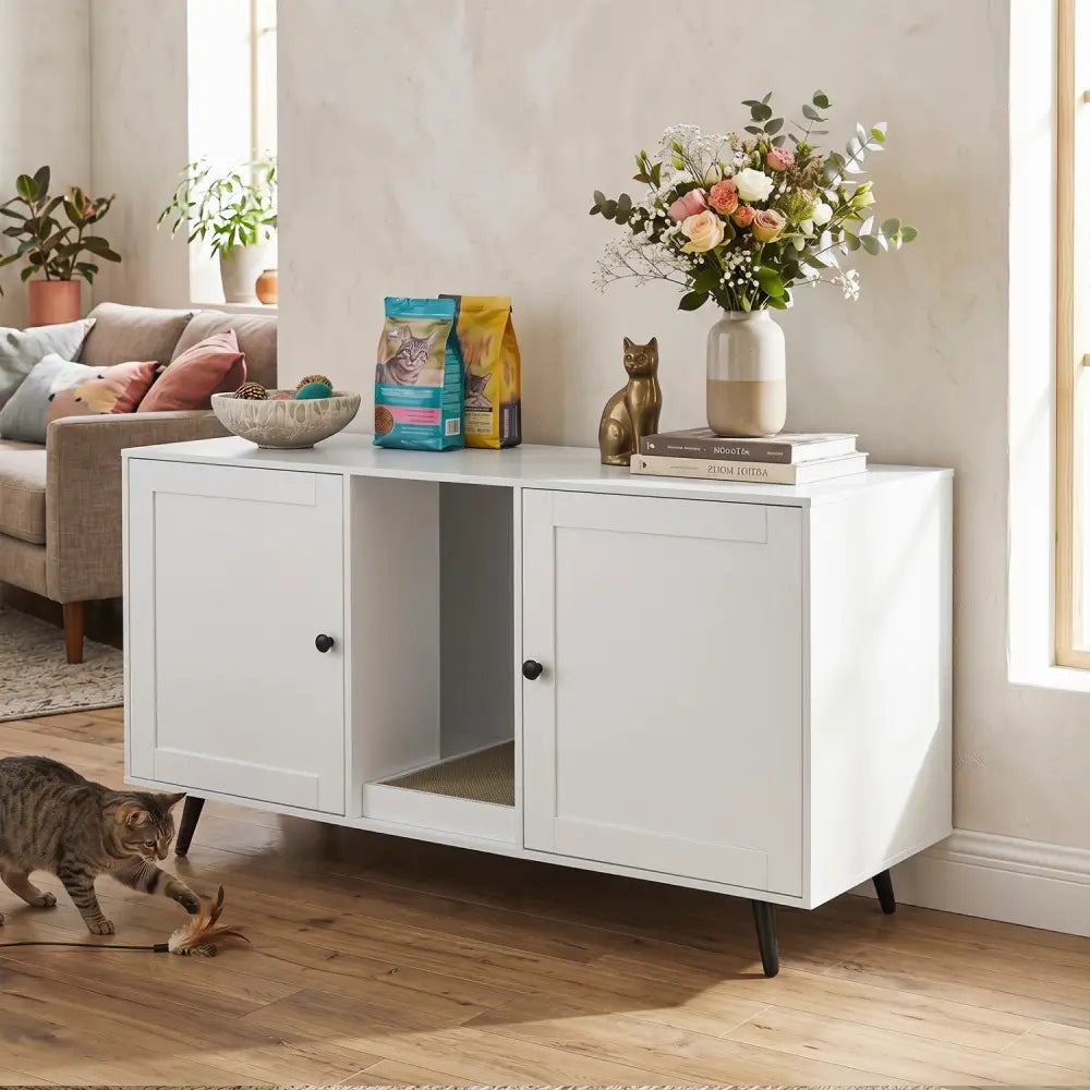Double Cat Litter Box Enclosure for 2 Cats with Scratching Pad and Double Rooms-White - White - Cat Houses