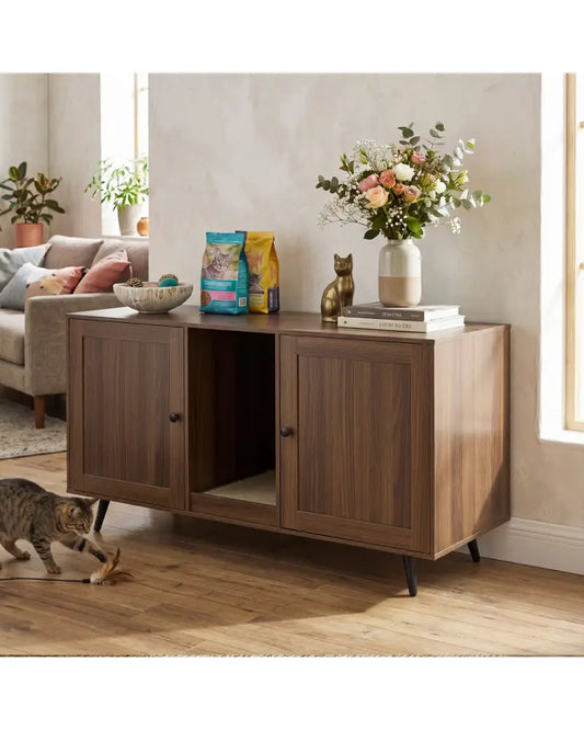 Double Cat Litter Box Enclosure for 2 Cats with Scratching Pad and Double Rooms-Walnut - Walnut - Cat Houses
