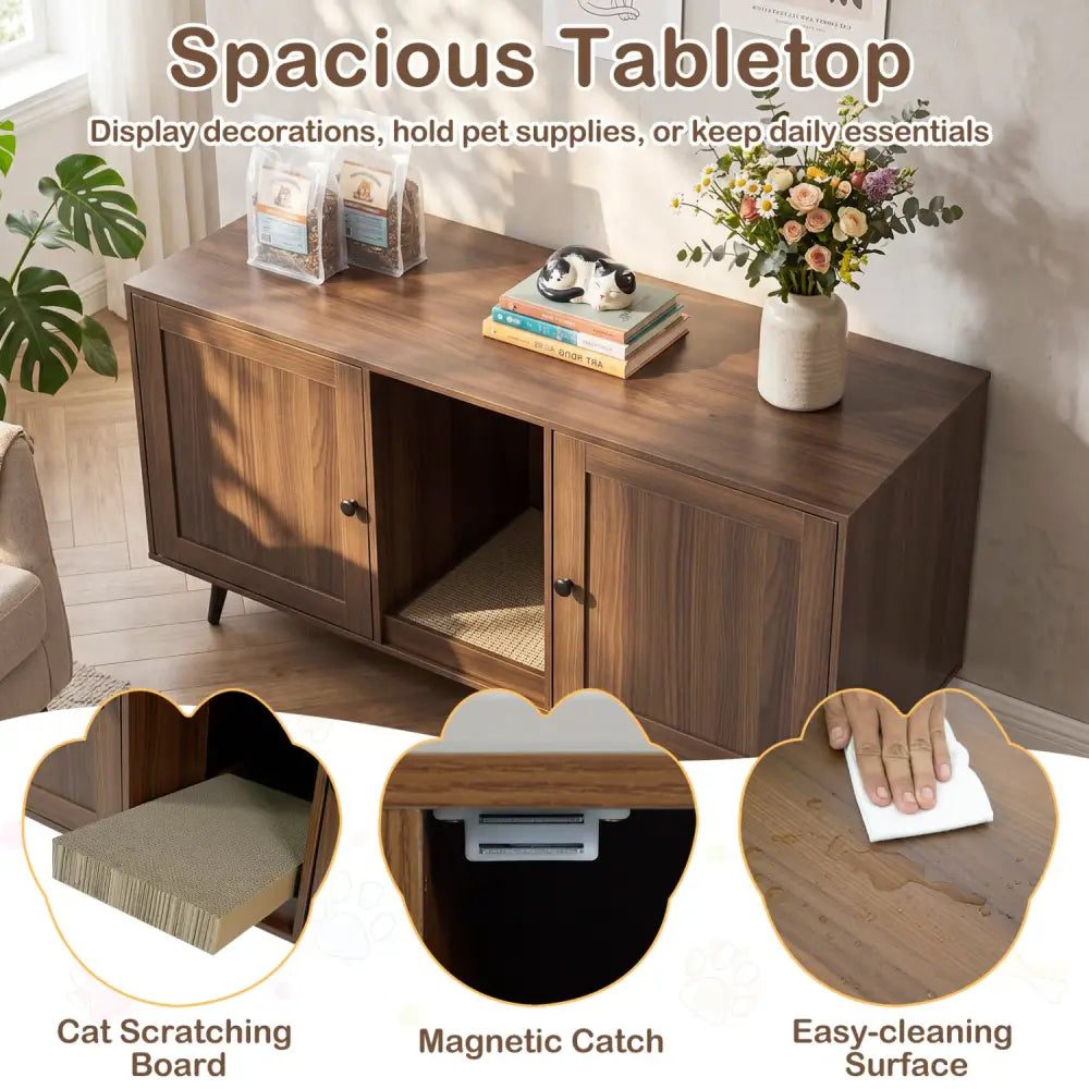 Double Cat Litter Box Enclosure for 2 Cats with Scratching Pad and Double Rooms-Walnut - Walnut - Cat Houses